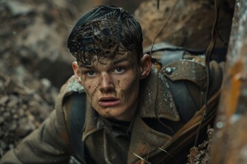 Young Soldier Covered in Mud.