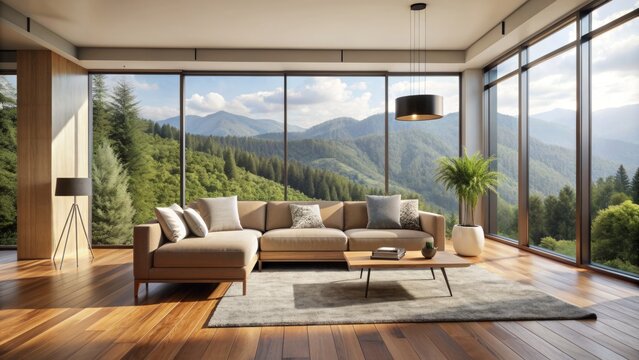 Fototapeta Modern minimalistic living room interior with a sleek sofa, wooden floor, and a large window with a scenic view outside.
