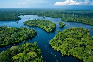 Fototapeta premium Aerial View of a Lush Green Rainforest with Winding Rivers.