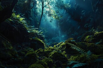 Sunbeams in a Lush Forest.