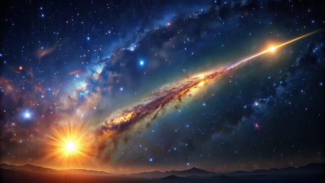 Isolated, luminous, celestial body with bright tail streaking across a dark, star-filled, infinite, galaxy-inspired, mystical, cosmic, nighttime sky.