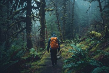 Fototapeta premium Hiking Through a Misty Forest.