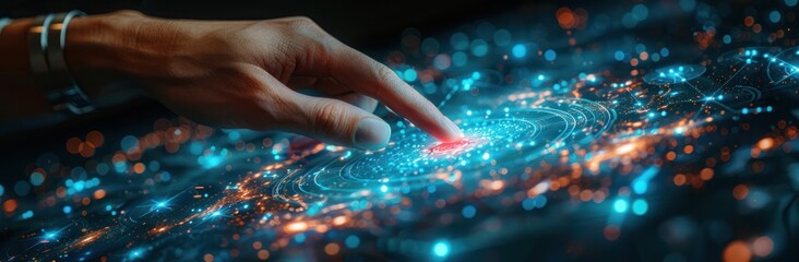 Digital Interaction: Hand Touching a Futuristic Interface