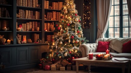 Festive Christmas tree adorned with twinkling lights 