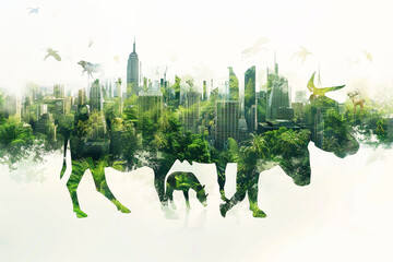 The silhouette of the nature conservation campaign in a silhouette double exposure. All animals are green wide. In the Background are a modern city and buildings. .