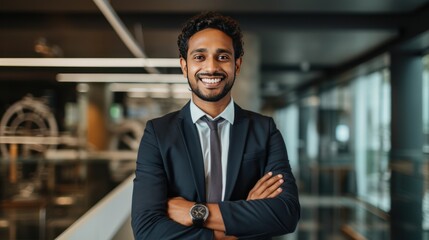 Fototapeta premium Happy Indian business professional with arms crossed in contemporary office 