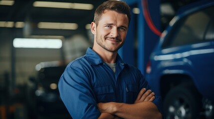Happy mechanic against a car, workshop background, 