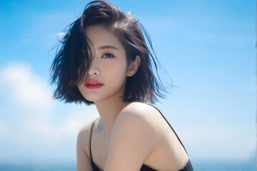 Naklejka premium A woman with short hair and a black tank top is sitting on a beach