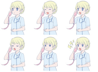 受話器を持って電話をかける若い女性看護師(6種類の表情セット)