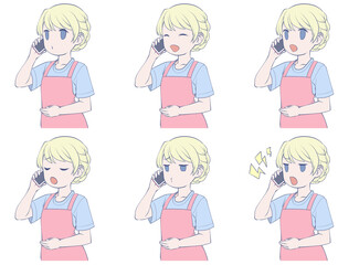 スマホで電話をかけるエプロン姿の若い女性(6種類の表情セット)