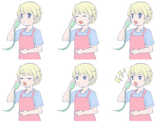 受話器を持って電話をかけるエプロン姿の若い女性(6種類の表情セット)