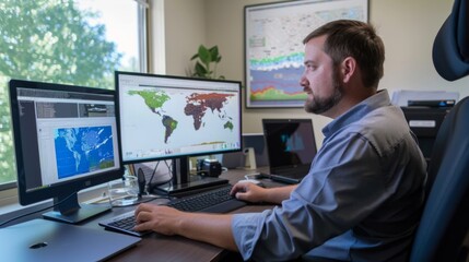 Airport meteorologists monitor radar displays in office. Weather forecast in office.