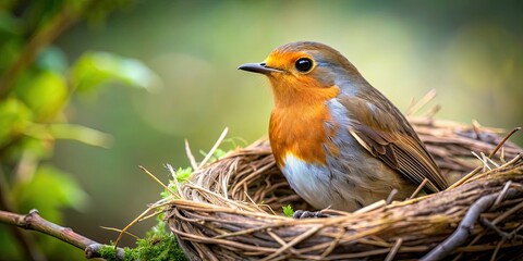 Fototapeta premium Robin sitting in a cozy nest made of twigs and feathers , bird, wildlife, nature, habitat, spring, home, perched, birdsong, eggs