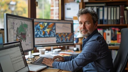 Fototapeta premium Airport meteorologists monitor radar displays in office. Weather forecast in office.