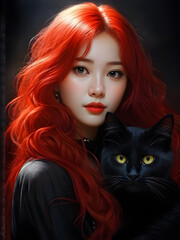 Naklejka premium A woman with long red hair is holding a black cat