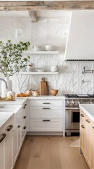 Fototapeta premium Farmhouse Kitchen with Botanical Tile Backsplash and Natural Greenery Accents