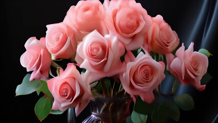 Pink roses in a vase against a black background