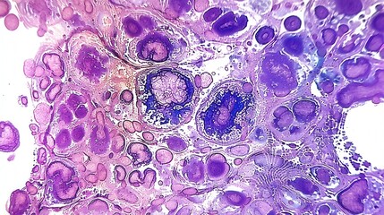 Microscopic view of cells with abstract patterns in purple hues.