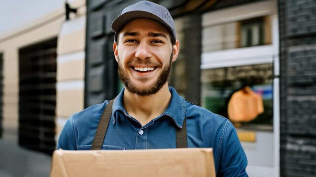 Delivery person holding package outside building