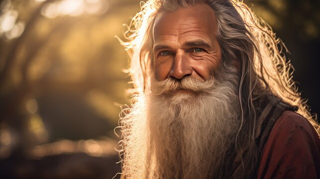 old man with a long beard, looking directly at the camera, 