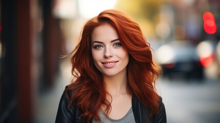 Obraz premium woman with red hair, urban outdoor setting, 