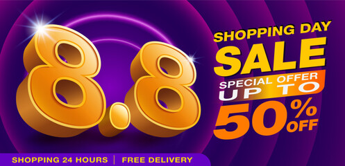 8.8 Promotional banner template. 3D text number 8 on a dark background and neon LED lights. Special offer campaign up to 50% off. Designed for advertising. Social media, online shopping, Vector file.