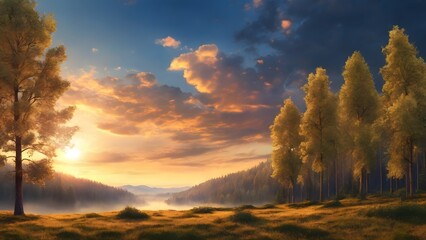Tranquil Landscape with Trees and Sunset