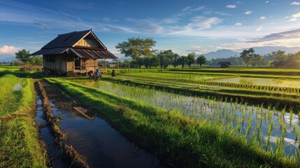 Rural Landscape with Rice Paddies and a Small Hut