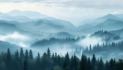Obraz premium Misty Mountain Landscape with Silhouetted Trees.