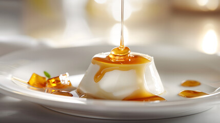 Product Portfolio of Yogurt and Honey Panna Cotta in a Small Dish Garnished with a Honey Drizzle on a Cool, Clean Background: Studio Shot for Commercial Photography