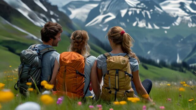 Hiking friends enjoying view in swiss alps