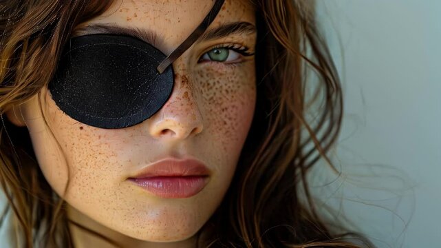 Woman with eyepatch and freckles
