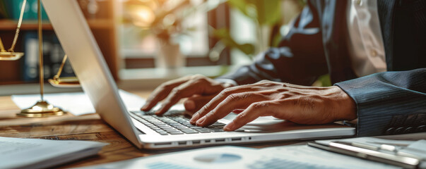Business Professional Typing on Laptop in Modern Office 