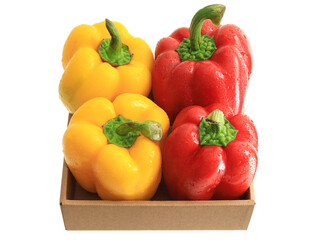 A basket of colored peppers on a white background