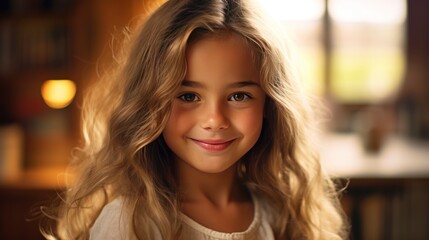 Fototapeta premium Portrait of a young girl smiling at the camera indoors, 
