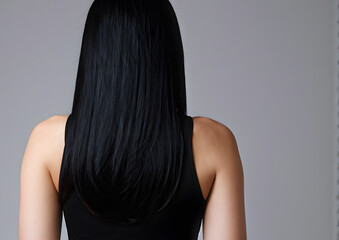 A woman with long black hair is standing in front of a white wall