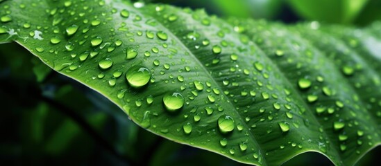 Green Leaf Covered in Dew Drops