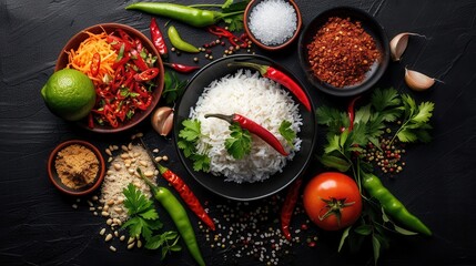 Artistic layout of various Thai dishes, showcasing a range of spices and textures, from fresh herbs to fiery chilies, arranged around a central bowl of rice