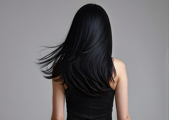 Naklejka premium A woman with long black hair is standing in front of a grey background