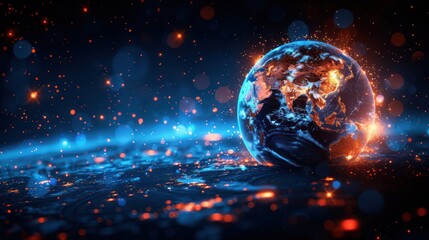 Obraz premium Digital Earth with Glowing Lights and Bokeh Effect