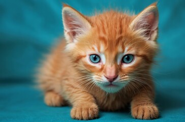Fototapeta premium Orange ginger kitten with blue eyes lying on turquoise background