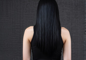 Naklejka premium A woman with long black hair is standing in front of a wall