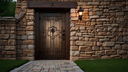Fototapeta premium Picture of a Hidden Secret Door in a Stone Wall with a Complex Lock Mechanism