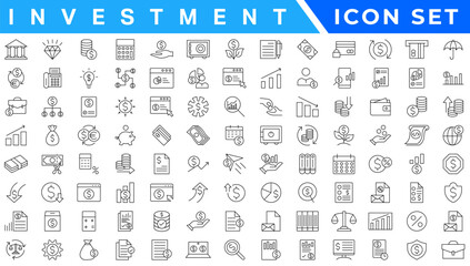 Investment line icon set. Investment, Profit, Asset, Investor, Portfolio, Dividend, Capital, Risk, Inflation icons vector