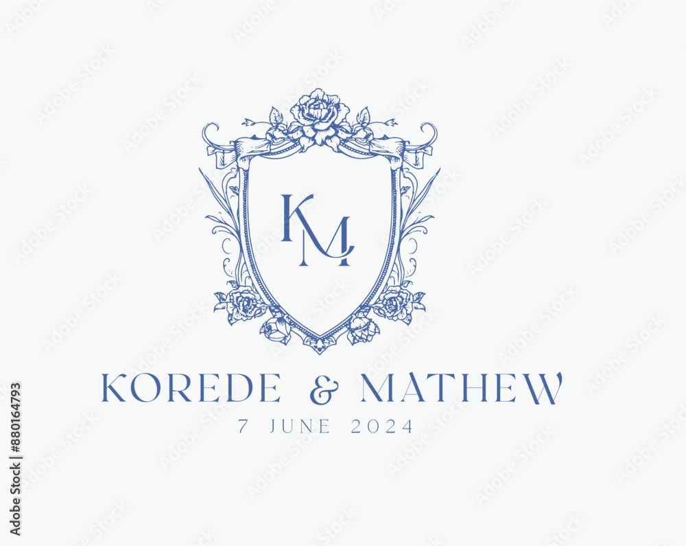 Fototapete wedding logo crests vector design royal style blue color illustration monogram crest design with km 
