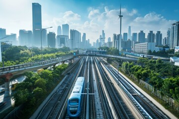 Obraz premium Urban Landscape with Train Tracks and Skyscrapers
