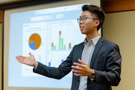 Young man presenting business data in a professional setting, emphasizing corporate communication and presentation skills.