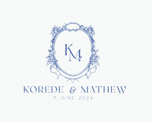 Wedding logo crests vector design royal style blue color illustration monogram crest design with KM initial surrounded by baroque style intricate motifs