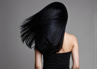 A woman with long black hair is standing in front of a grey background