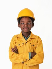 Confident young boy in yellow hard hat and matching jacket standing with arms crossed on a white background